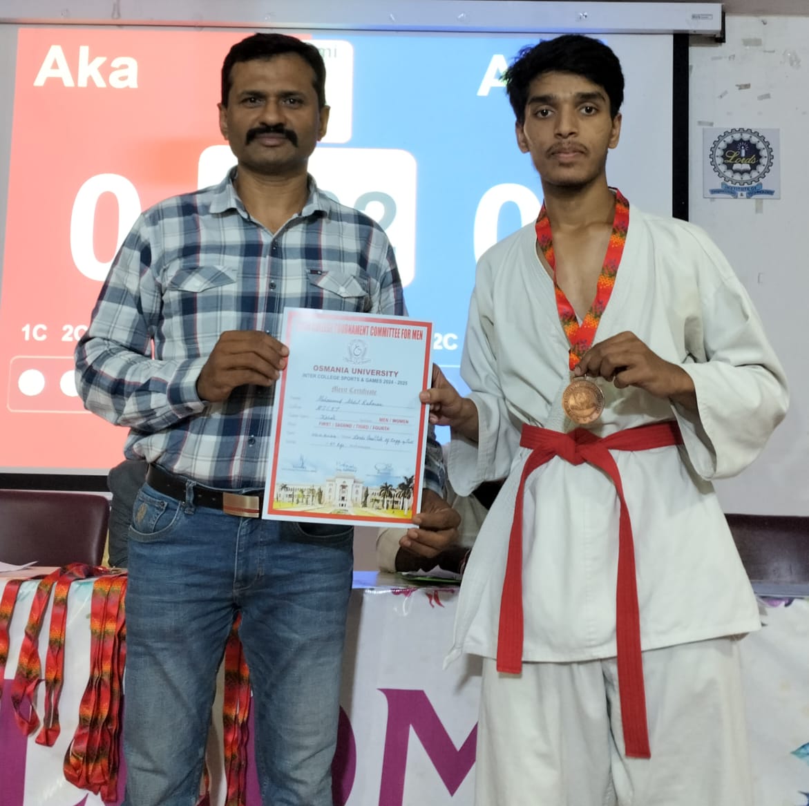 Osmana University Inter College Tournament 
KARATE Championship 2024-25 held on 02-11-2024 @ Lords Institute of Engineering & Technology.
Abdul Rehman (CSA-2) of MJCET 
Won the Bronze medal in -60 kgs weightcategory.