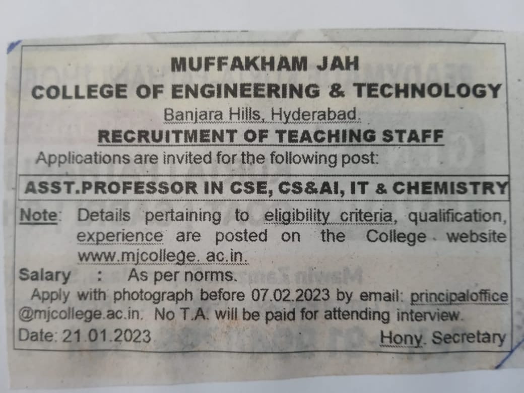 Munsif (dated : 22-01-2023) - Recruitment of Assistant Professor