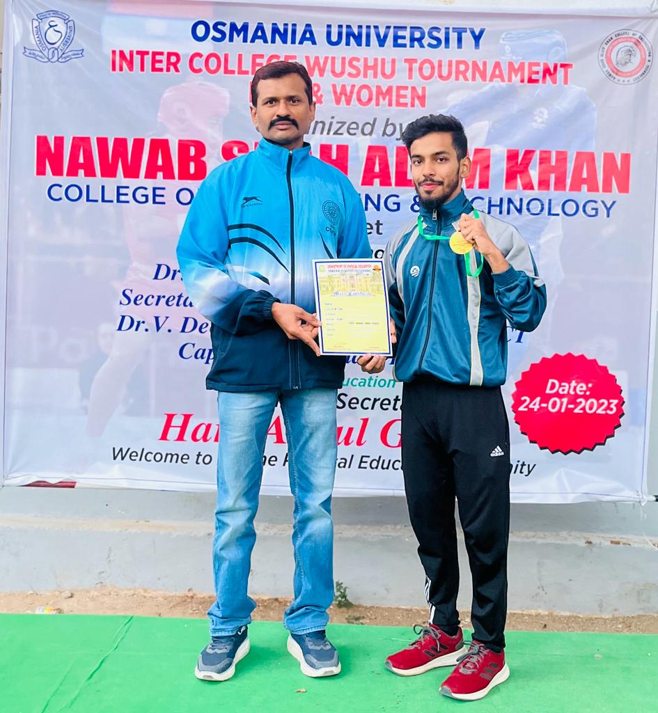 Osmania University Inter College Tournament Wushu Championship held at Nawab Shah Alam College of Engineering & Technology on 24-01-2023.
Shaik Saud Al Amoodi of MJCET won the GOLD medal 🥇and got selected for ALL INDIA INTER UNIVERSITY