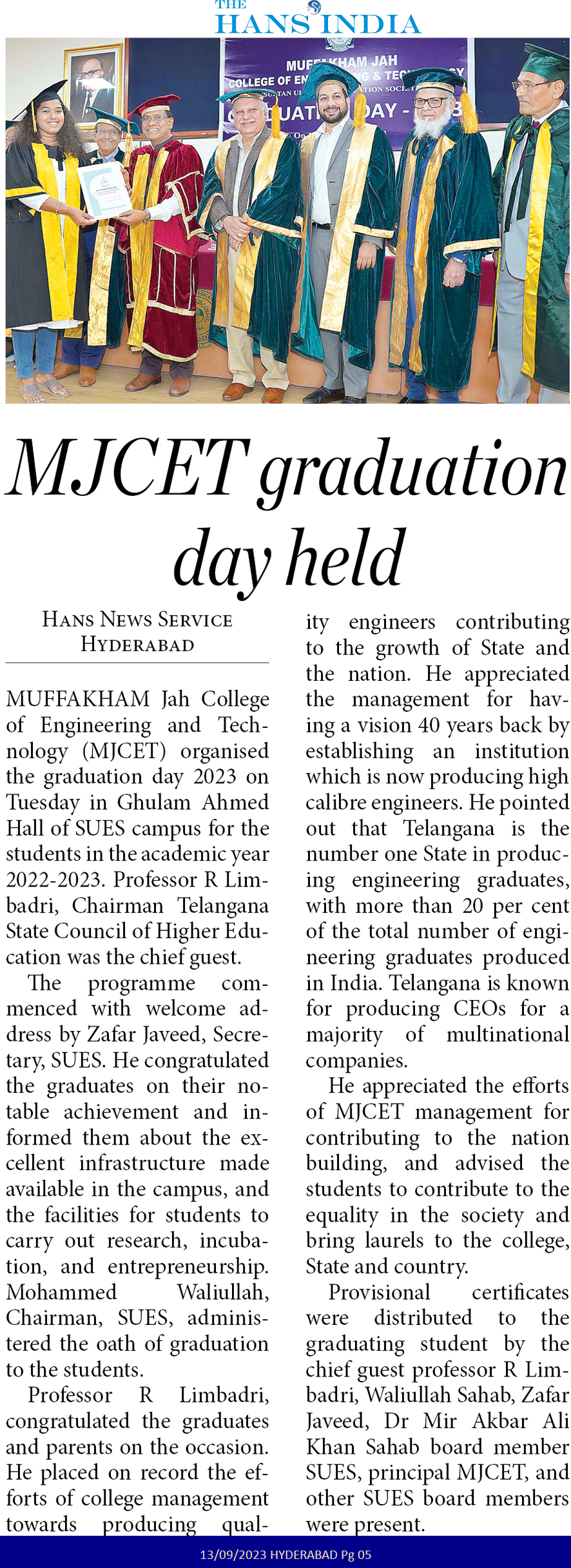 Graduation Day Ceremony 2023 - Press Release (Hans India)