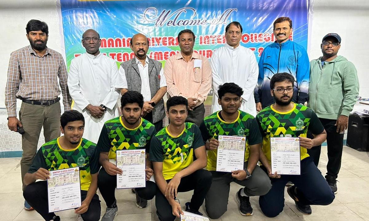 Osmania University Inter College Tournament Table-Tennis Championship (M) 2023-24 held at St.Joseph Degree & PG college, Hyderabad on 06-07 Dec 2023.
Muffakham Jah College of Engineering & Technology Student performed very well and won the 4th place in the prestigious OU Tournament.
Team players:
1)Ali Manzoor khan (AI/ML 3rd year )
2)Mohd Sulaiman Hussain (Civil 1st year)
3) Humaid Mohiuddin (CSE 2nd year)
4)Syed Omer Sharf (IT 4th year)
5)Mohammed Abdul Raoof (CSE 2nd year)