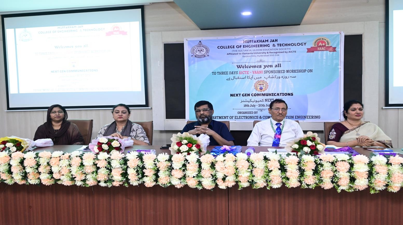 From Left-Right: Dr. Ayesha Naaz, HOD, ECE, Dr. Lakshmi Rawat, Director, AAKCBA,  Janab Mohammed Ibrahim Ali Siddiqui, Member, Board of Governors, Dr. Mahipal Singh Rawat, Principal MJCET and Dr. Anupama Koneru, Principal, SUCP