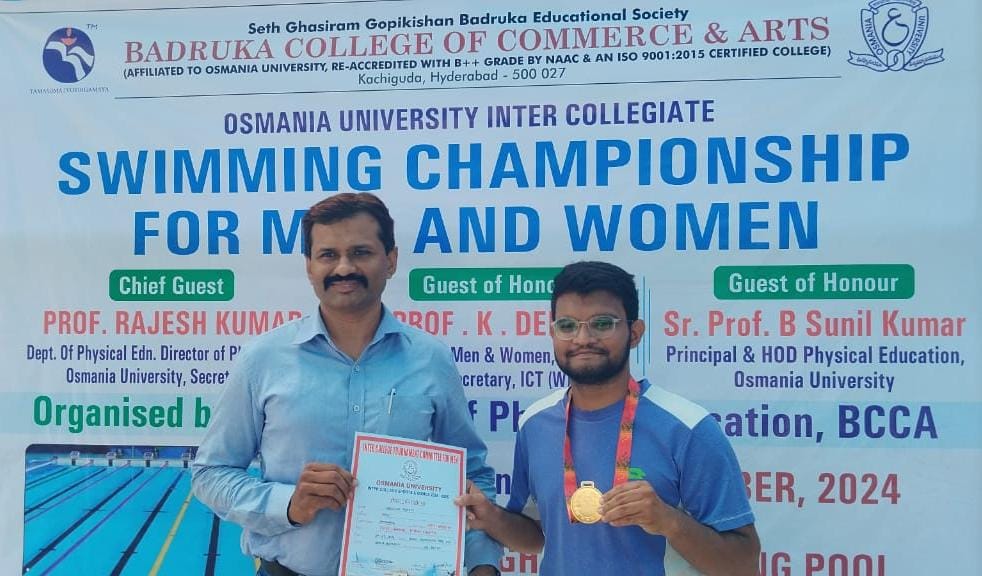 Osmana University ICT swimming Championship 2024-25 held on 27-9-2024 @ GHMC swimming pool, Sec-bad.
Abdullah Hafeez, from MJCET EEE-2  won the Gold 🥇 medal in 200m Butterfly.